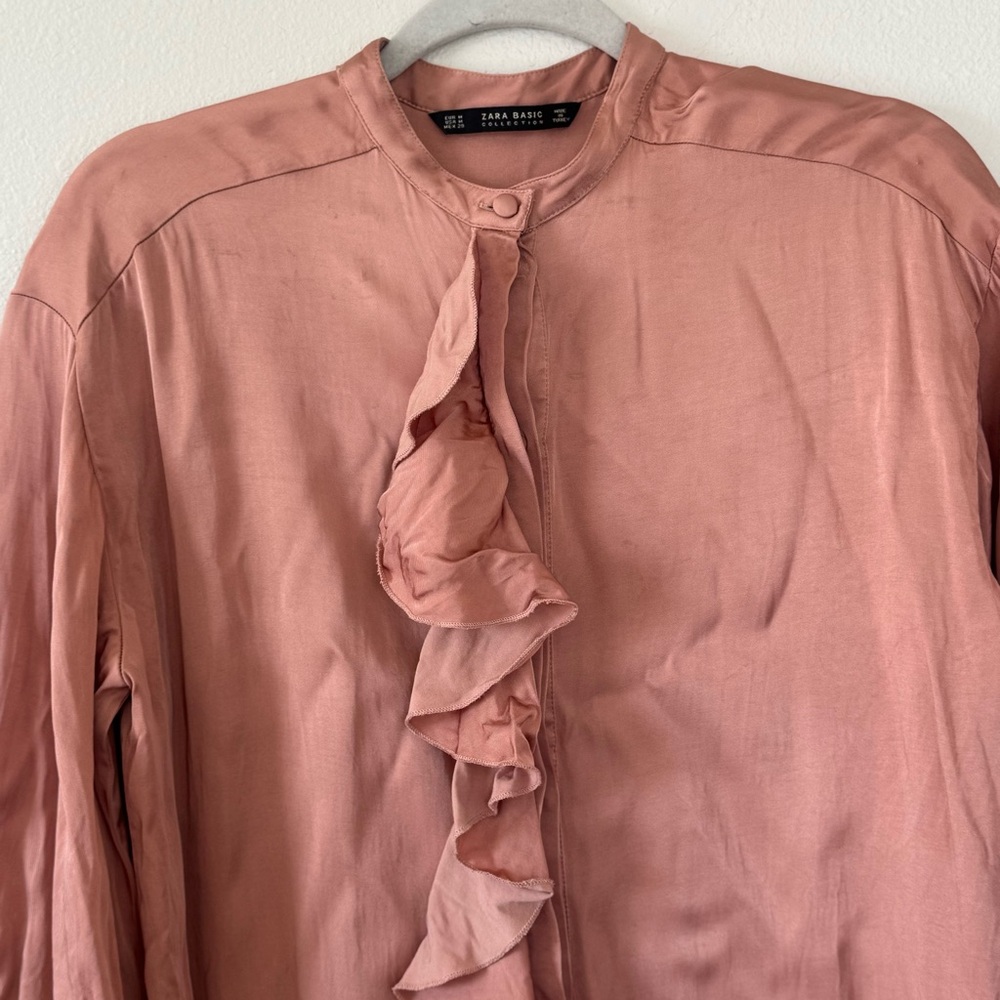Zara Collection Rose Gold Blush Copper Ruffled Satin Shirt Dress Oversized M - Picture 3 of 11